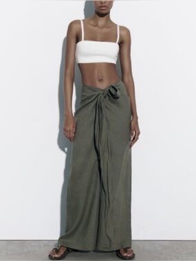 Zara Linen Pareo Pants Olive Wide-Leg Drawstring Linen Chinos 30” Sz M Women’s